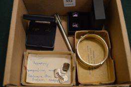 An engraved silver bracelet, pair of silver cufflinks, amethyst ear studs etc.