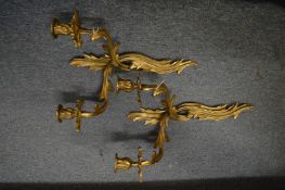 A pair of naturalistic form brass twin branch wall appliques.