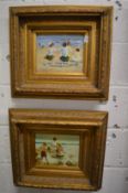 Children playing on a beach, oil on board in a decorative gilt frame together with its companion