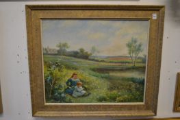 Mark James, children picking flowers in a field beside a pond, houses in the distance, oil on board,