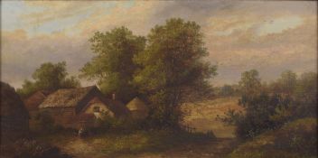 VICTORIAN SCHOOL Evening scene of farm buildings and seated figures in a woodland setting, oil on