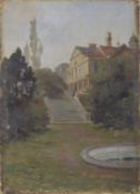 20TH CENTURY BRITISH SCHOOL View of a country house with steps down to the garden and fountain,