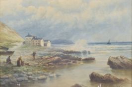 MILTON DRINKWATER (1862-1923) 'Westwood Ho' fisherfolk on a beach, watercolour, signed, 11.75