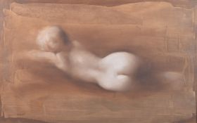 EVA KARPATI (HUNGARIAN b.1936) Reclining nude, oil on board, gallery label verso, signed, 19.25 x