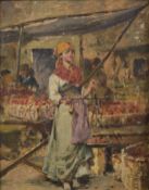 LATE 19TH / EARLY 20TH CENTURY EUROPEAN SCHOOL Market scene with a young woman selling fruit, oil on