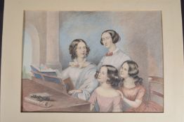 ENGLISH SCHOOL A family of young women and girls at a piano, crayon and watercolour, unframed, 11
