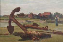 MANNER OF PERCY ROBERT CRAFT Solitary fisherman by a village with rusting anchors and chains,