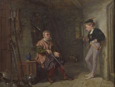 19TH CENTURY SCHOOL Interior scene of an armory with swordsman and pupil. oil on canvas, monogrammed