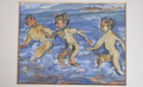 JANE PETERSON Children playing in the sea, watercolour, signed, 6.5