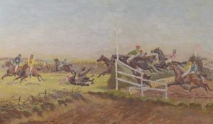 VICTORIAN SCHOOL Racehorses in a steeplechase with jumpers and a faller, oil on board, 14.75
