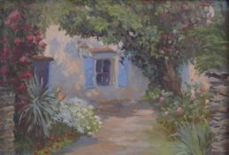 LADY NANCY AGNEW 'Blue shutters France' oil on board, signed, Chelsea Art Society label verso, 6.25
