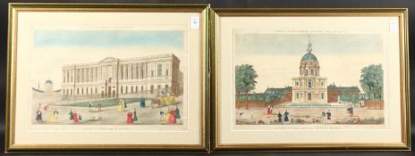 A PAIR OF 19TH CENTURY FRENCH HAND COLOURED ENGRAVINGS OF PARIS VIEWS. Each 11
