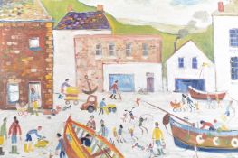SIMEON STAFFORD (b. 1956). Busy beach scene, inscribed Port Isaac, Cornwall, oil on board, signed.