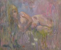 FRANK DOBSON (1888-1963) 'In the Fields' a female nude amongst foliage, oil on board, 20