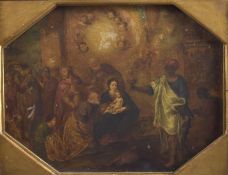 ATTRIBUTED TO ROTTENHAMER The adoration of the Magi, oil on octagonal stone? panel, label verso,
