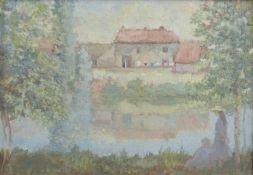 BRITISH SCHOOL (LATE 20TH CENTURY) 'By the Dordogne' figures at a lake with farmhouse beyond,