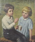 ROSZAK (20TH CENTURY) Children blowing bubbles, oil on canvas, signed, 23.75
