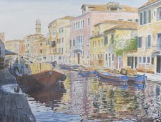 MICHAEL WOOD (BRITISH, 20TH CENTURY) 'Venetion Barge' Venice canal scene, limited edition coloured
