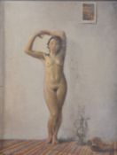 20TH CENTURY RUSSIAN SCHOOL Study of a standing female nude, oil on board, indistinctly signed,