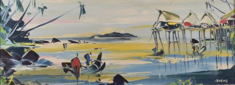 GEORGE DEAKINS (BRITISH 1911-1982) South East Asian coastal scene with huts and canoes, oil on