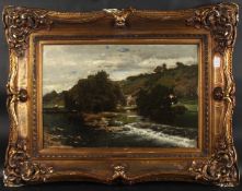 JOSEPH QUINEAUX (1822 - 1895) BELGIAN. River over rapids, a fern amidst the trees, oil on panel.