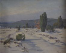 ARNOLD LYONGRUN (GERMAN 1871-1935) Track through a wooded winter landscape, oil on canvas, signed