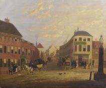 EARLY 19TH CENTURY BRITISH SCHOOL Town square with stage coaches and standers-by, oil on canvas, 20