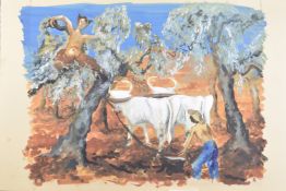 MODERN BRITISH SCHOOL Allegorical scene of a man ploughing with oxen with a vision of Pan in a