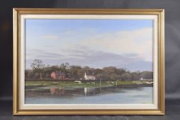 S J ANDREWS (20TH CENTURY) 'Evening, Pin Mill, Suffolk' acrylic on board, signed, and dated 1980,