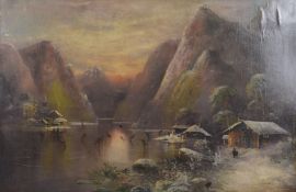AFTER CHRISTIANSON (20TH CENTURY) Alpine scene with skaters and log cabins, oil on board, 23.5