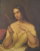 EARLY VICTORIAN SCHOOL. Portrait half length of a young lady holding a hand mirror. Metal panel 16.