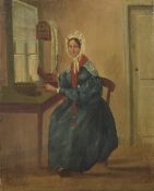 EARLY 19TH CENTURY DUTCH SCHOOL portrait of a woman with a sewing box seated at a window, oil on