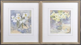 JUDY COOPER (CONTEMPORARY) Flowers in vases, pair of watercolours, signed, 7.5