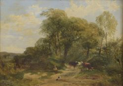 GEORGE SHALDERS (1826-1873) Cattle and farmer resting on a woodland path, oil on board, signed
