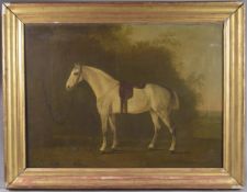 ATTRIBUTED TO GEORGE STUBBS (1724-1806) Grey horse with a saddle in a landscape setting with trees