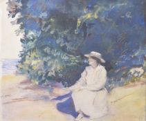 EARLY 20TH CENTURY AMERICAN SCHOOL Woman seated beside a tree on a beach, watercolour and pencil,