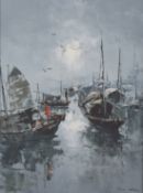 NGAI SING (20TH CENTURY) Eastern fishing harbour by moonlight, oil on canvas, signed, 15.5