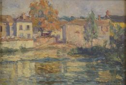 AURELIA DELLA CORTE SZVATEK (EARLY 20TH CENTURY) View of houses on riverbank, oil on panel, mount