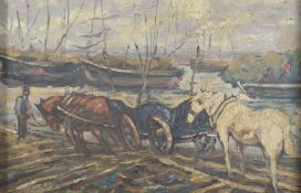 20TH CENTURY EUROPEAN SCHOOL Harbour scene with a figure leading a cart and horses, oil on canvas,