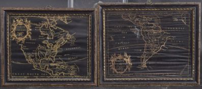 PAIR OF 18TH CENTURY PRINTED MAPS North and South America, a pair of gilt on black woven cloth,