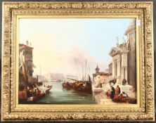 EDWARD PRITCHETT (1828-1876) BRITISH. Venice scene with boats and many figures. Oil on canvas. 19