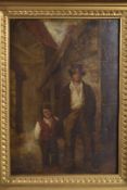 IRISH SCHOOL (19TH CENTURY) Man and boy standing in a back street, oil on panel, 13.5