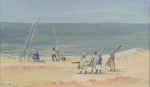 HERMIONE HAMMOND (1910-2005) BRITISH. Fishing off a beach, oil on board, inscribed verso 'Skate