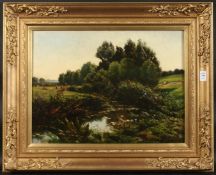 FRANCOIS EMILE MICHEL (1818 - 1909) FRENCH. Peaceful landscape, a pond in the foreground, oil on