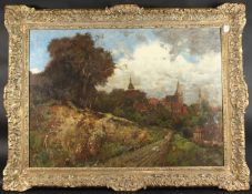KARL HEFFNER (1849-1925 GERMAN) Landscape with a town, two church towers, buildings and tress,