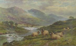 WILLIAM LANGLEY (fl.1880-1920) Grazing sheep on a riverbank, mountains beyond, oil on canvas,