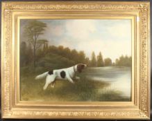 E. PLACE. A pointer dog beside a river, oil on canvas. Signed. 24