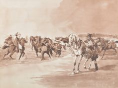 20TH CENTURY HUNGARIAN SCHOOL Herding horses on the Hungarian Puszta, sepia monochrome