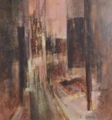 SUSAN SHERIDAN (b.1939 AUSTRALIAN) 'City Consumed', abstracted cityscape, oil on board, gallery
