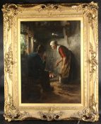 J. BRUGMAN. Interior, a woman cooking by an open fire, a man and a cat. Signed. Oil on canvas. 32